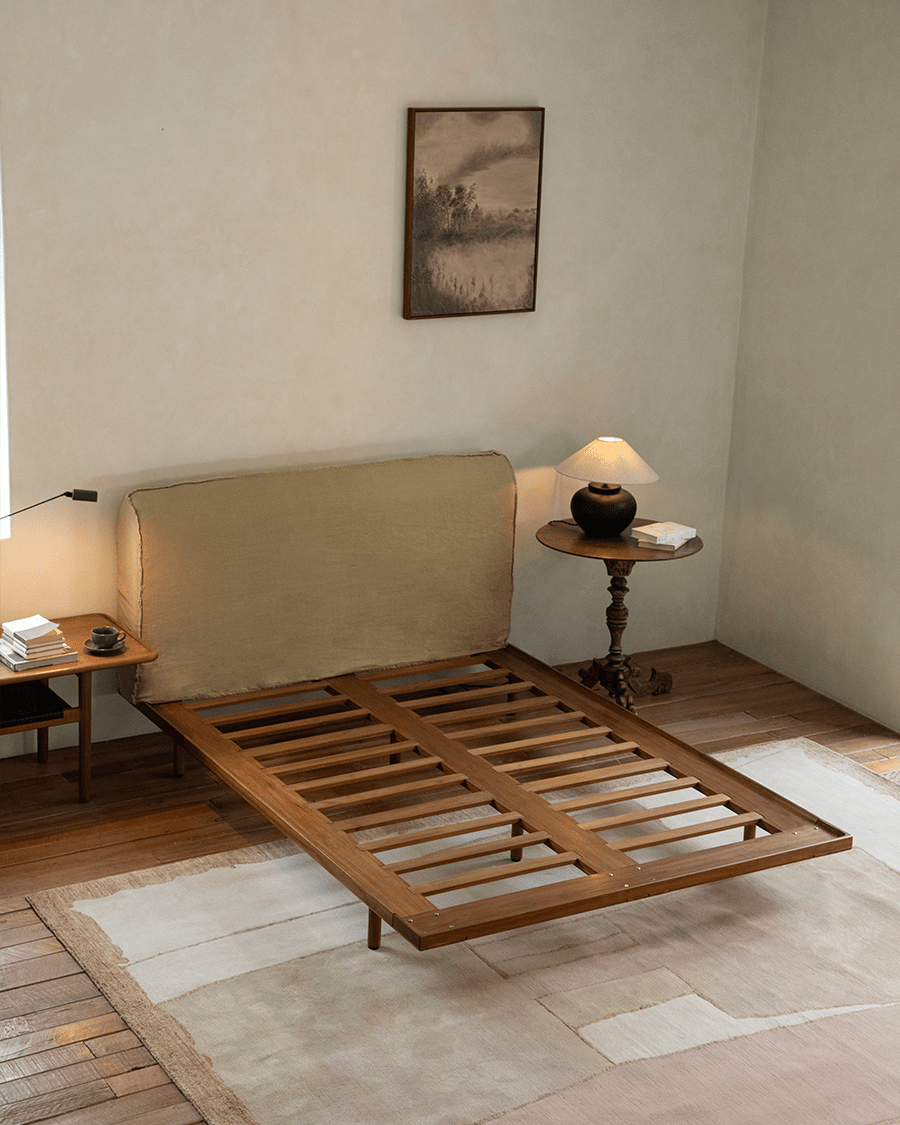 Seren Teak Linen Bed in a modern bedroom, solid teak frame and linen headboard, natural light