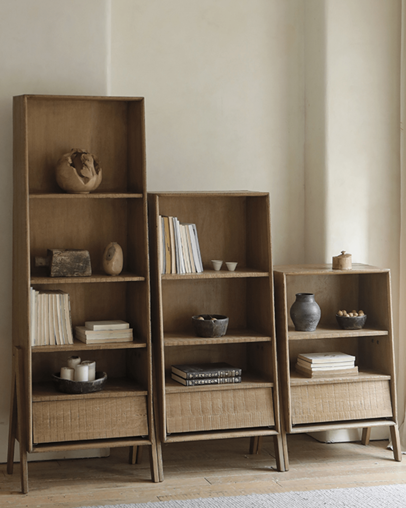 Kin Display Cabinet - Set of three wooden display cabinets with drawers and modern design. Rustic charm.