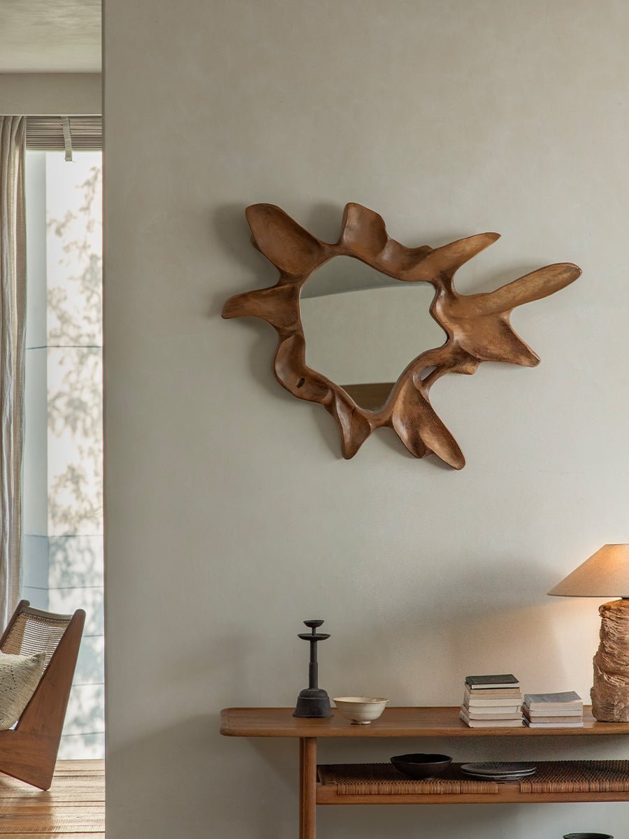 Organic Wood Arbor Mirror, handcrafted natural shape, perfect for modern interior design.