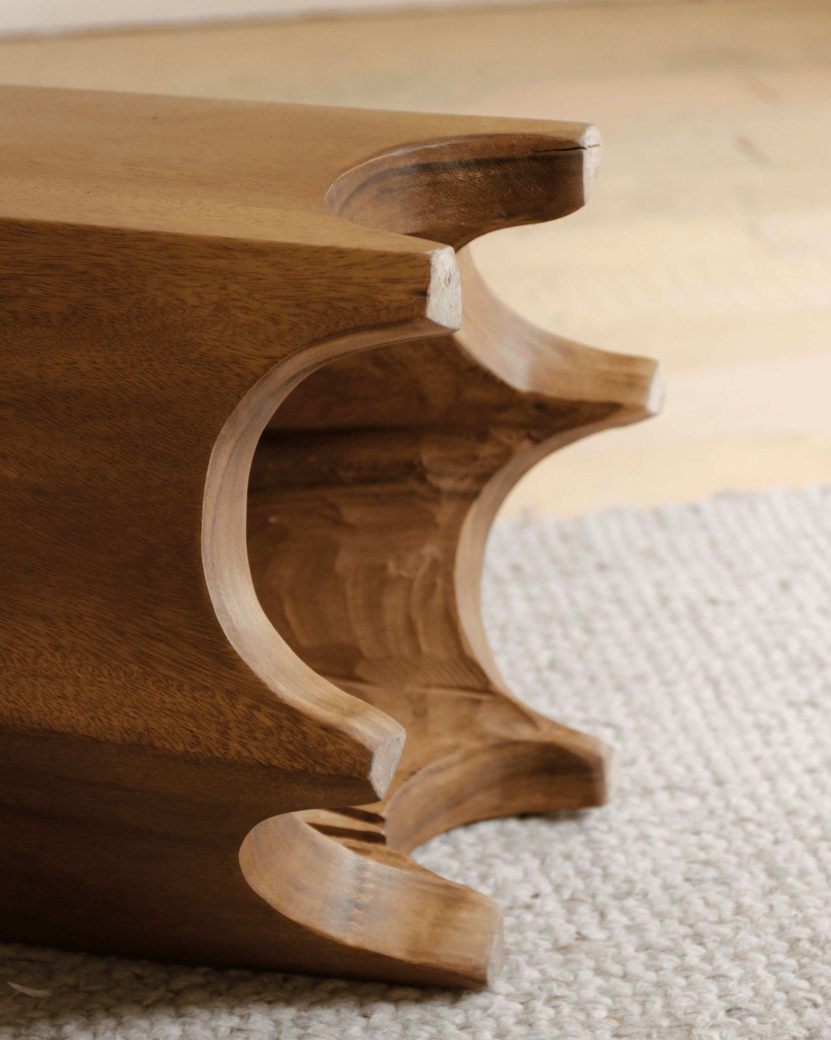Hexagon Side Table detail: natural wood grain and curved design, geometric appeal, versatile accent piece.