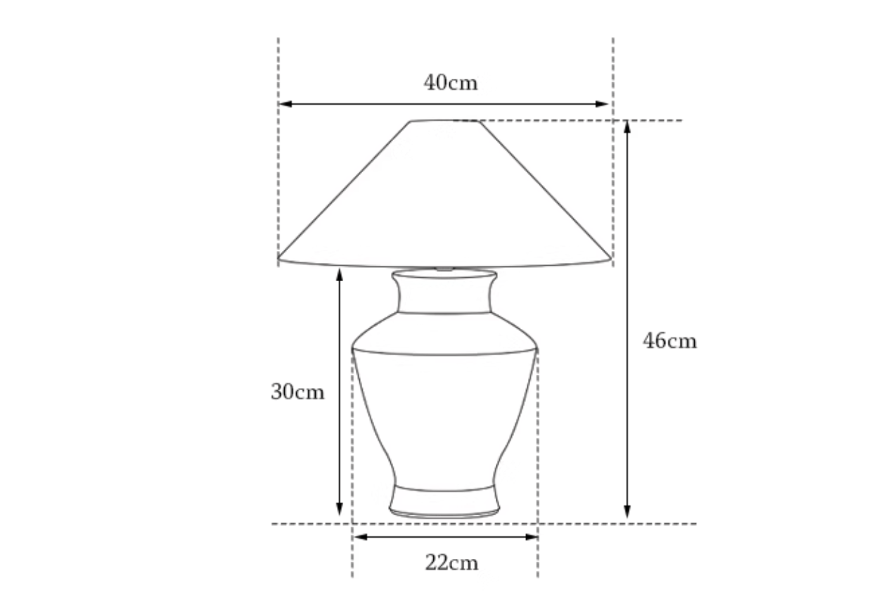Short Neck Lamp dimensions: 40cm shade, 30cm body, 46cm total height, 22cm base.