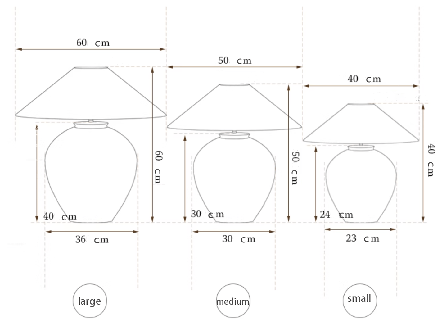 Egg Lamp size guide: large, medium, and small with dimensions. Clay lamp size information