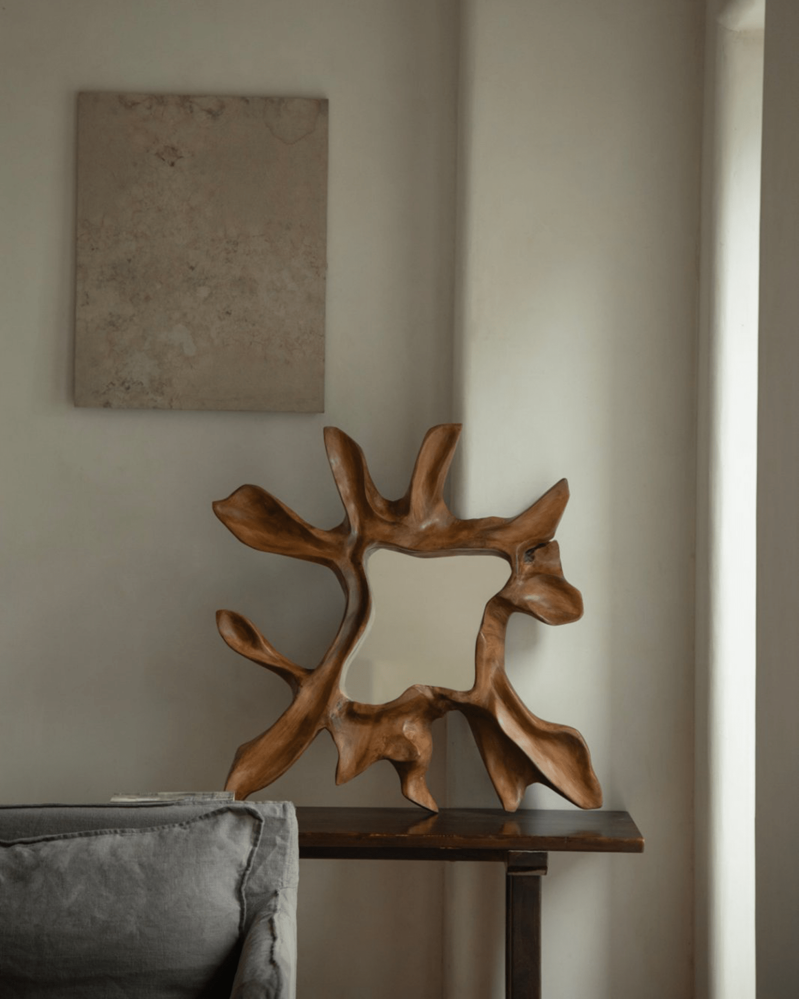 Organic Wood Arbor Mirror with unique shape, modern wall decor, handcrafted wood frame