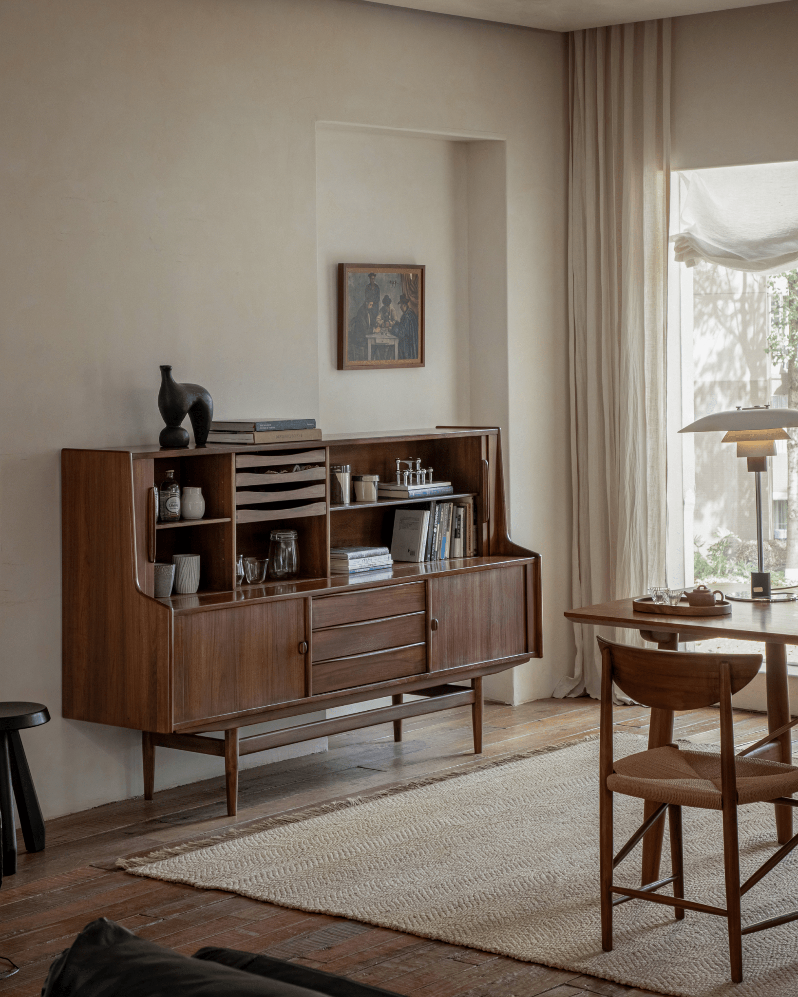 Ibu Teak Sideboard in teak wood, featuring tambour doors, drawers and open shelving, Scandinavian design.