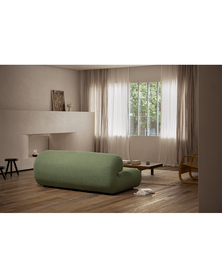 Wave Bouclé Sofa in green. Soft bouclé fabric with a wave design, perfect for retro and minimalist spaces. Stylish and cozy.