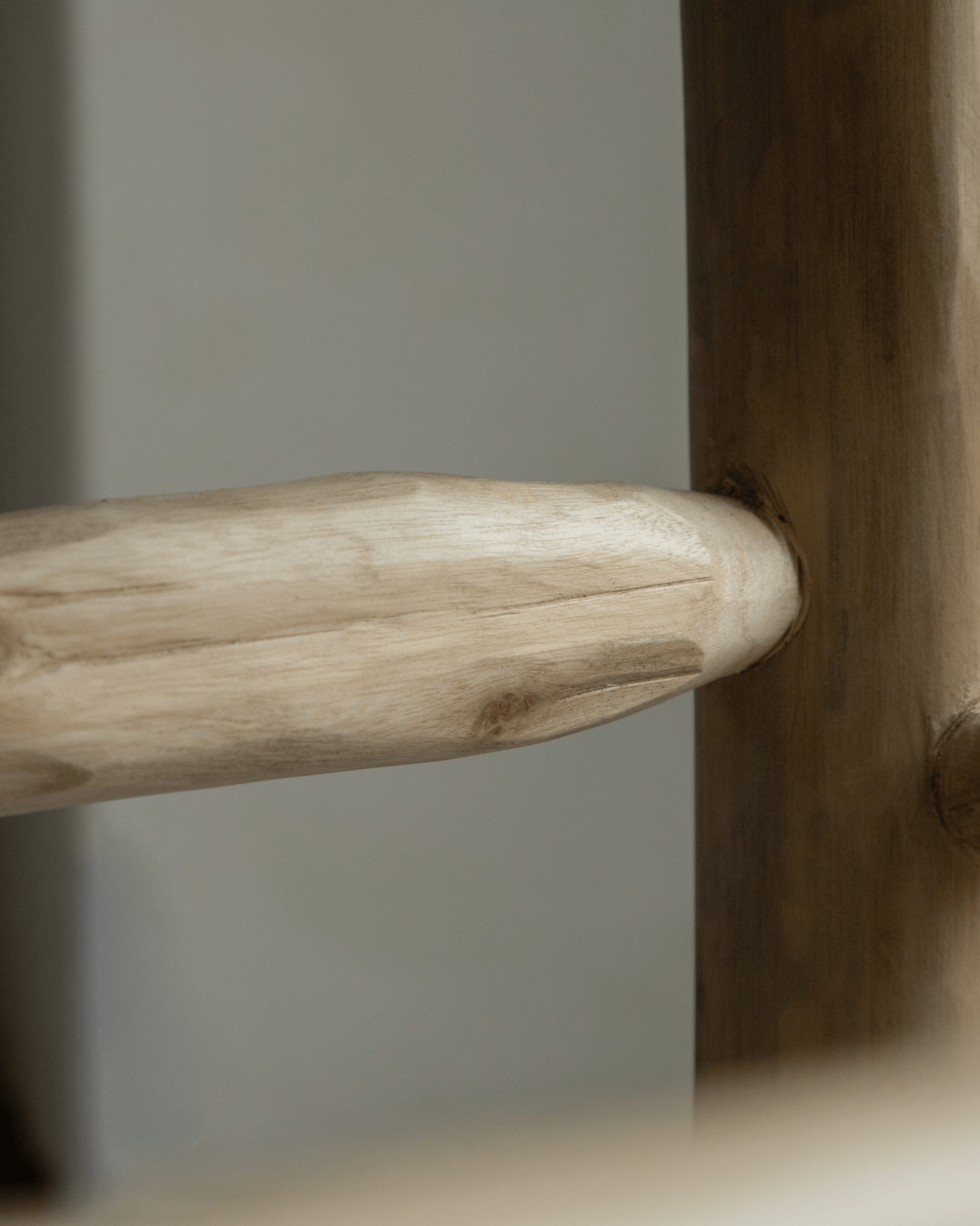 Isla Bench detail: solid teak wood frame and mortise-and-tenon joint, modern organic design