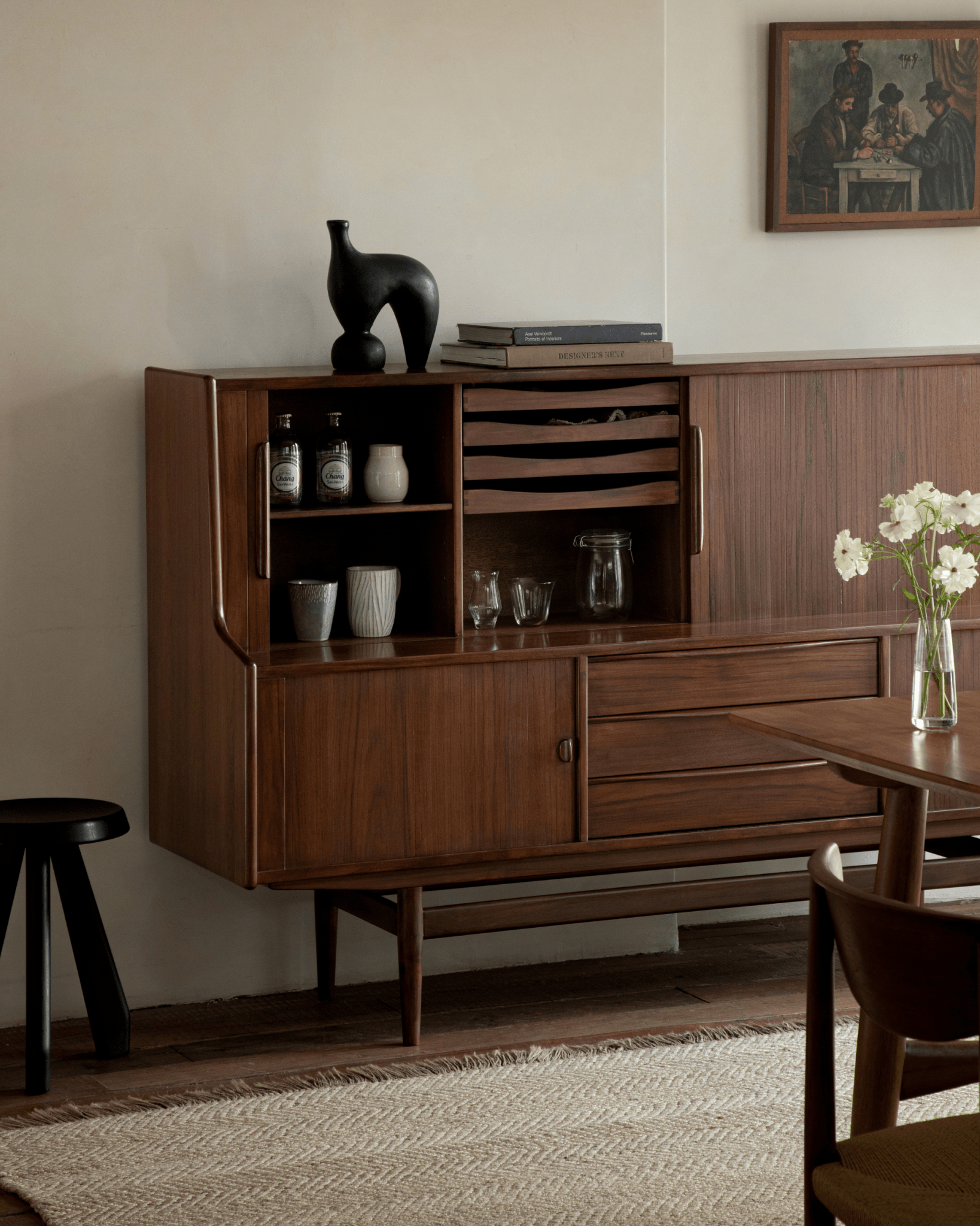 Ibu Teak Sideboard in a modern living room setting, teak wood, Scandinavian design, tambour doors