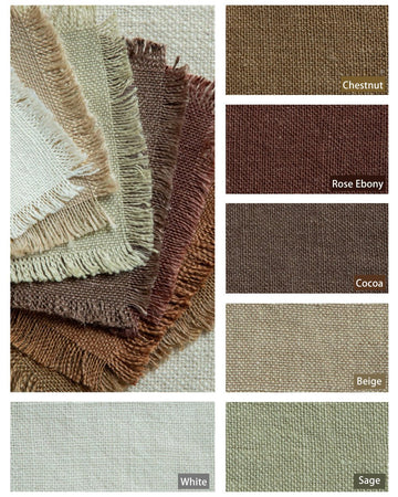Yarn-dyed linen fabric swatches in chestnut, rose ebony, cocoa, beige, white and sage