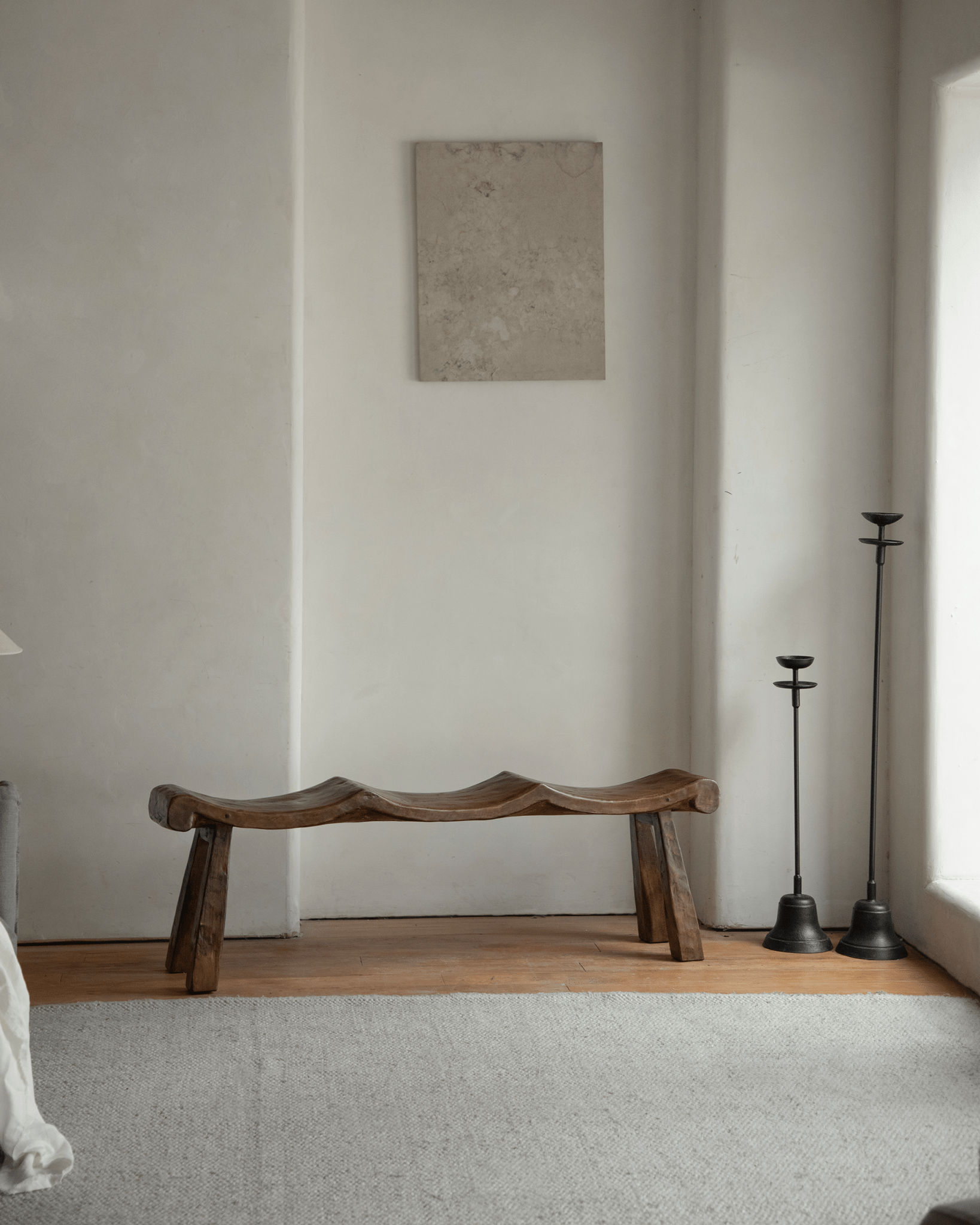 Tildes Bench, solid wood bench with wave seat in minimalist interior, brown color, and sturdy legs