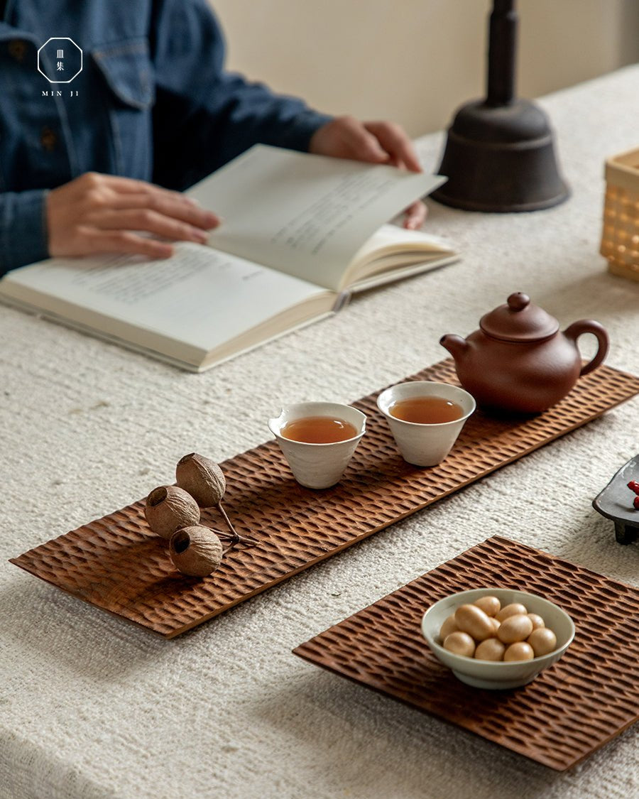 Hand-carved teak wood serving tray with tea setting, elegant artisan design