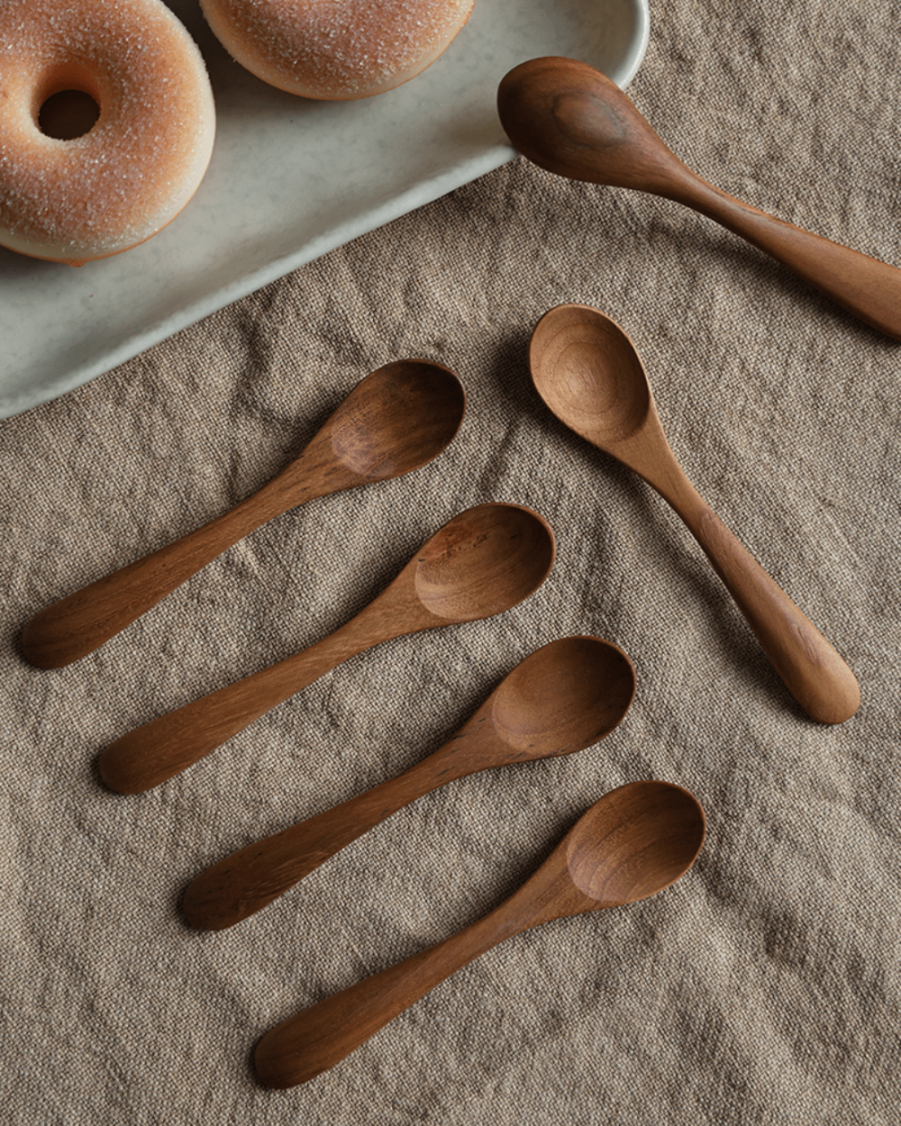 Wooden table spoons and donuts on beige linen. Natural wood spoons, Table Spoon*4PCS.