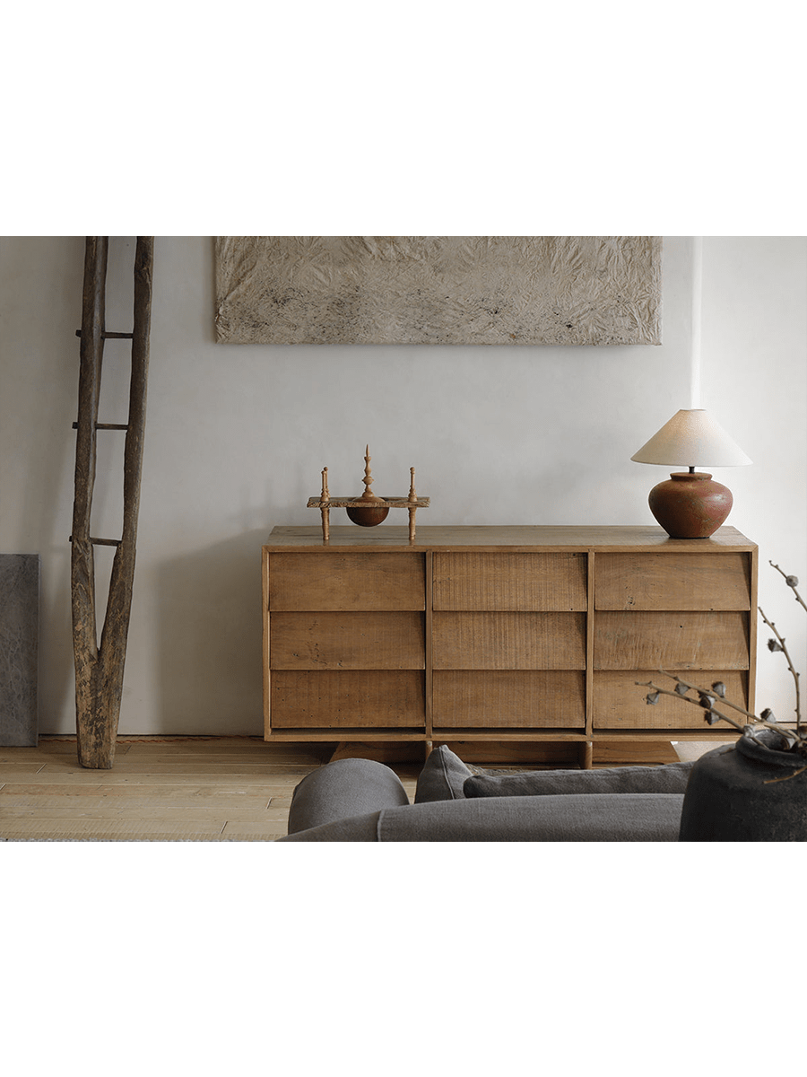 NO.9 Sideboard in a minimalist living room, showcasing reclaimed wood's natural grain and nine-drawer design.