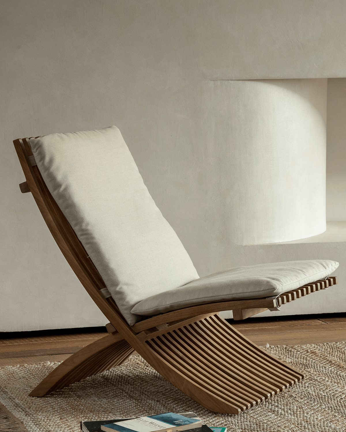 Oly Lounge Chair - Wooden frame, foldable design, cream cushion for outdoor and indoor relaxation