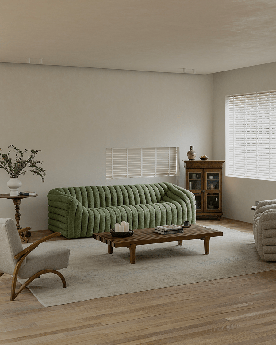 Green Miche Sofa with ribbed design in a modern living room, soft and comfortable, perfect for cozy living