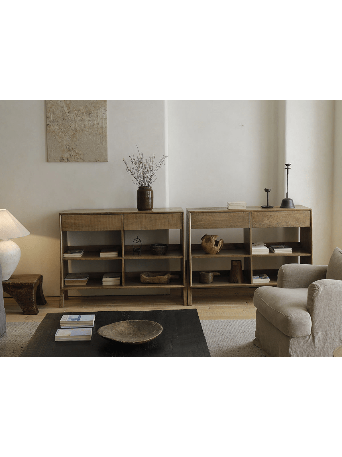 NO.0 Sideboard in reclaimed wood, vintage style, with open shelves and decor, perfect storage solution.
