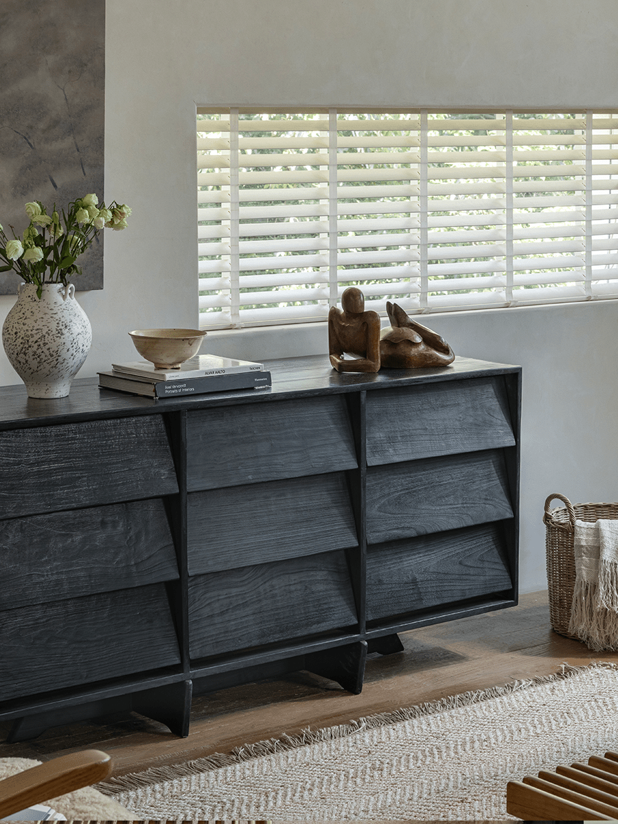 NO.9 Sideboard: Reclaimed wood, nine drawers, minimalist design, dark finish, styled interior shot.