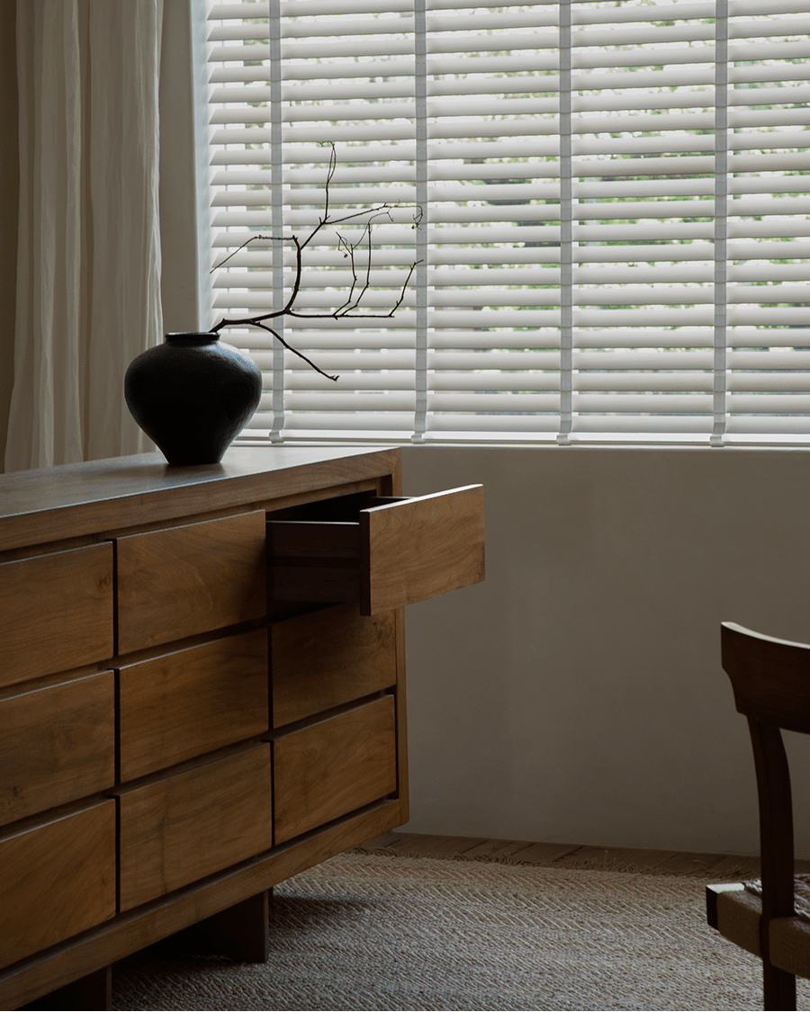 Palette Teak Sideboard with open drawer, solid teak wood, modern design for ample storage