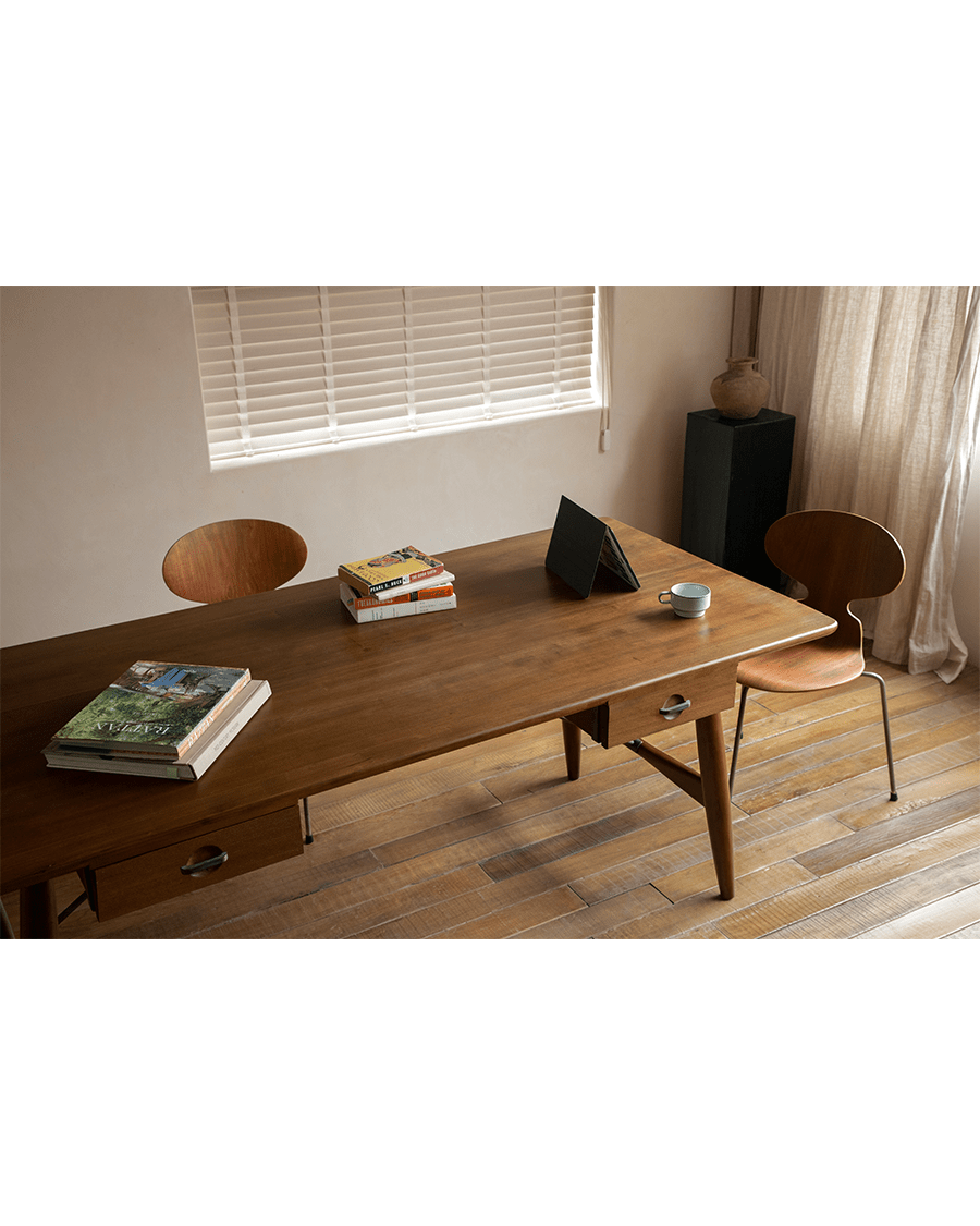 Architect Desk in teak wood, modern office with books, tablet, and chairs