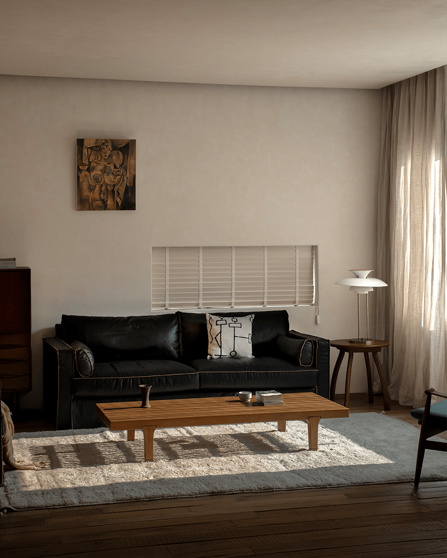 ZM Daybed Coffee Table in teak wood in modern living room, minimalist design