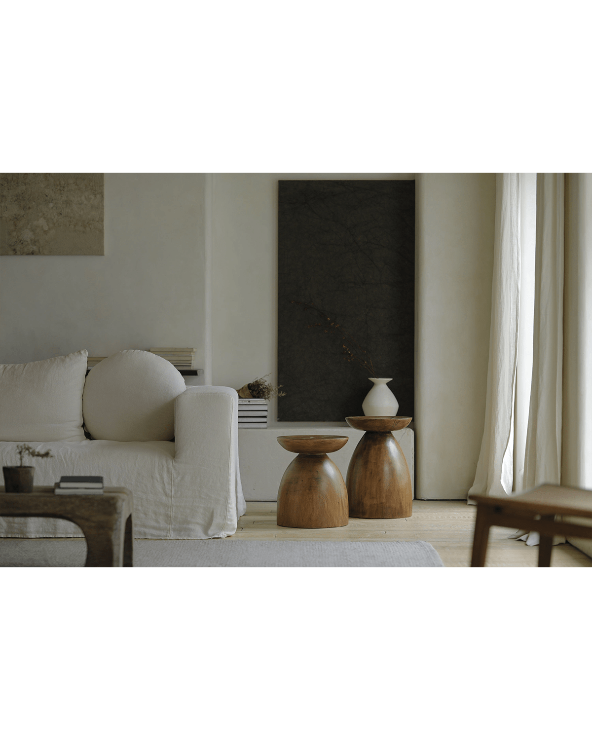 Wooden Sandglass tables, Samanea saman wood, minimalist living room design