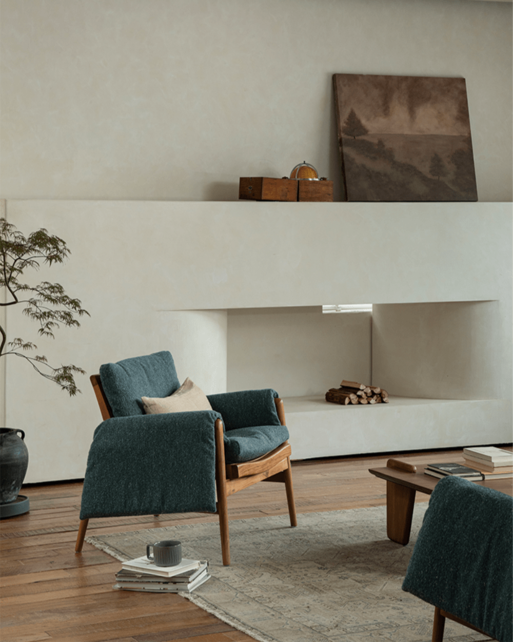 Teak wood garden lounge chair with teal upholstery, modern living room design, indoor comfort