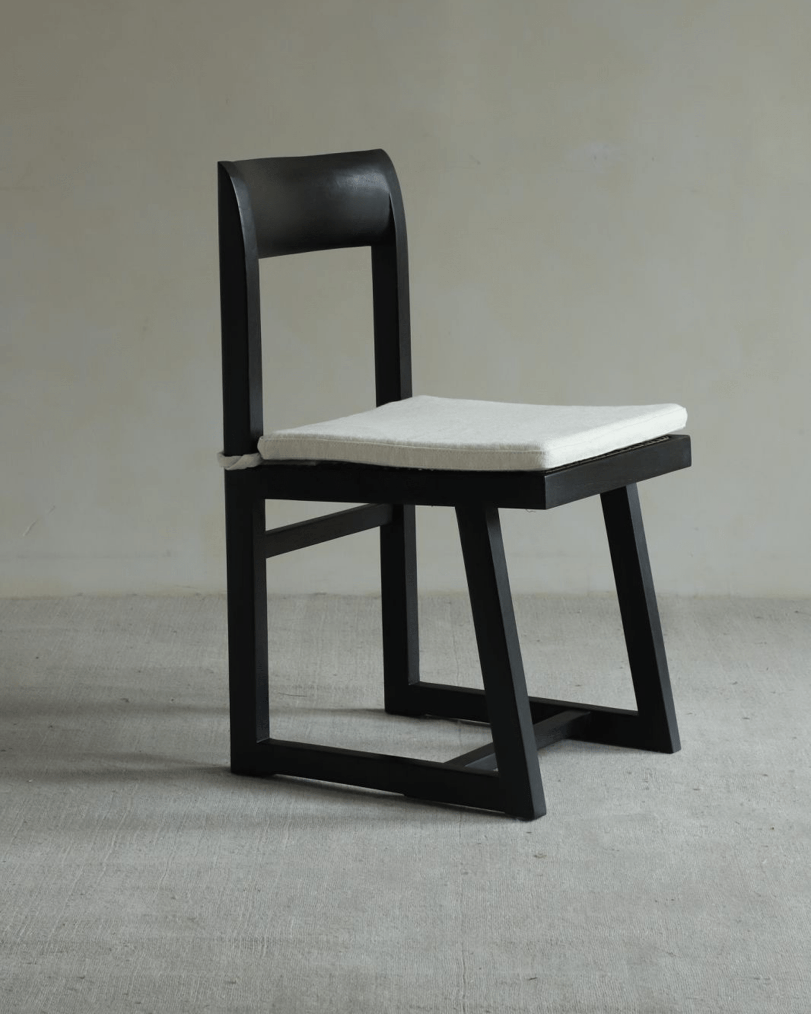 Chandigarh Box Chair, black wooden frame with white fabric seat cushion, Mid-Century Modern design
