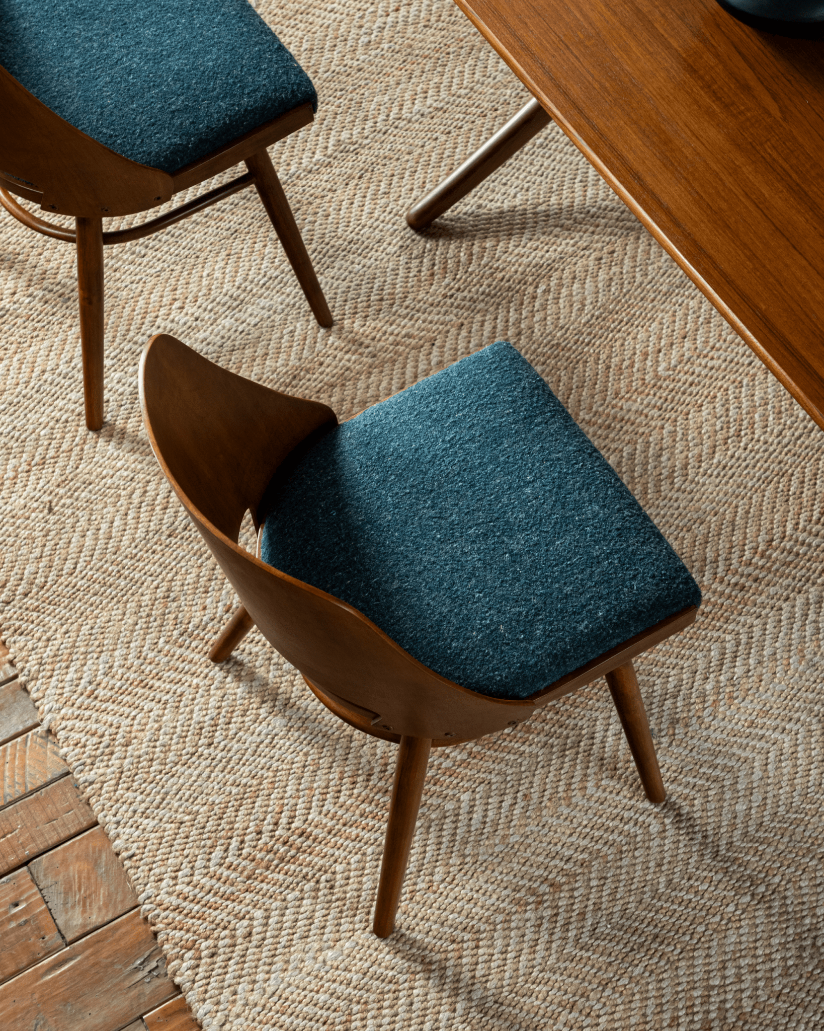 Shell chair in blue loop fabric with teak wood frame, mid-century modern design on textured rug