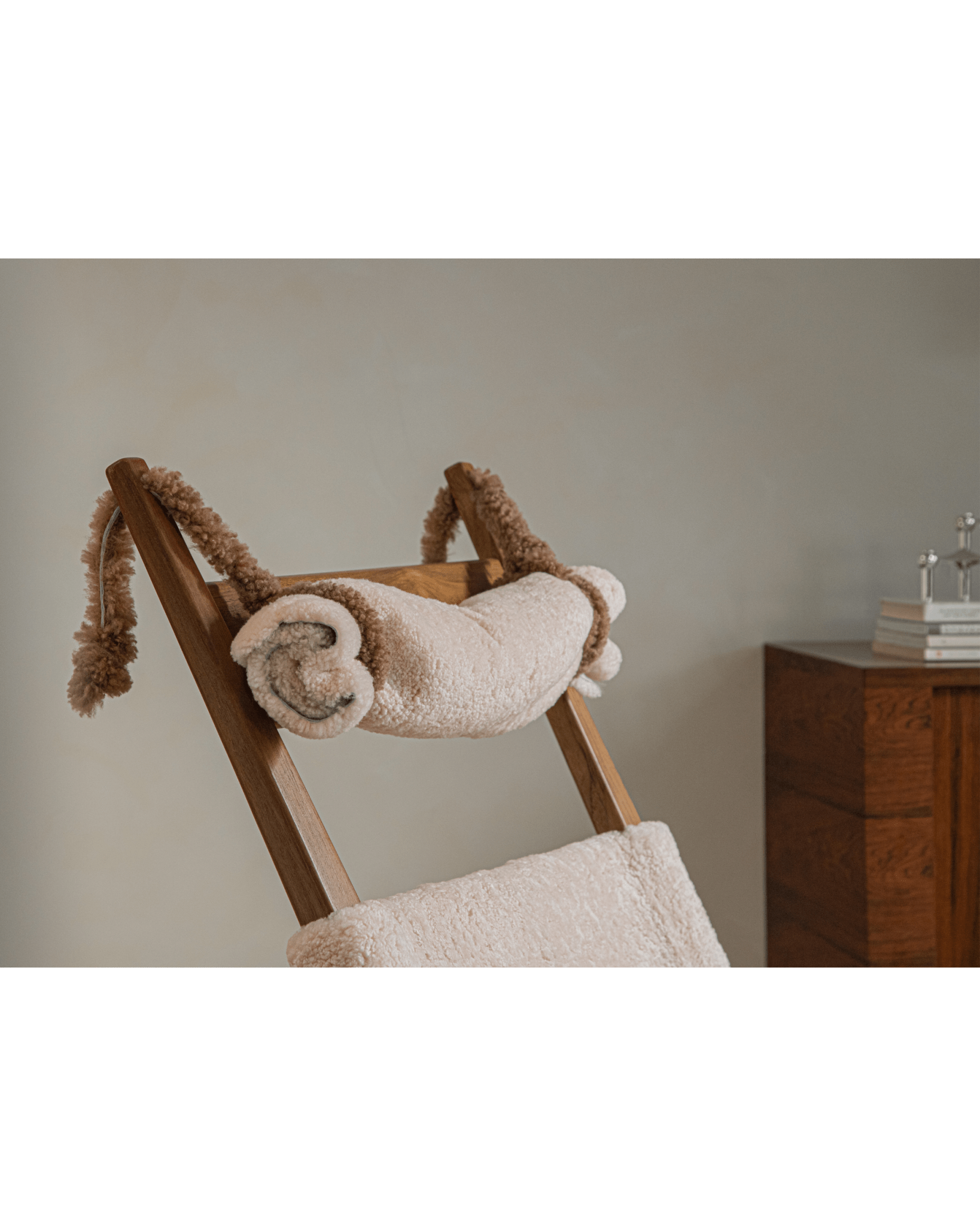 Hans Rocking Chair with ivory shearling headrest and cushion, Danish design, cozy interior