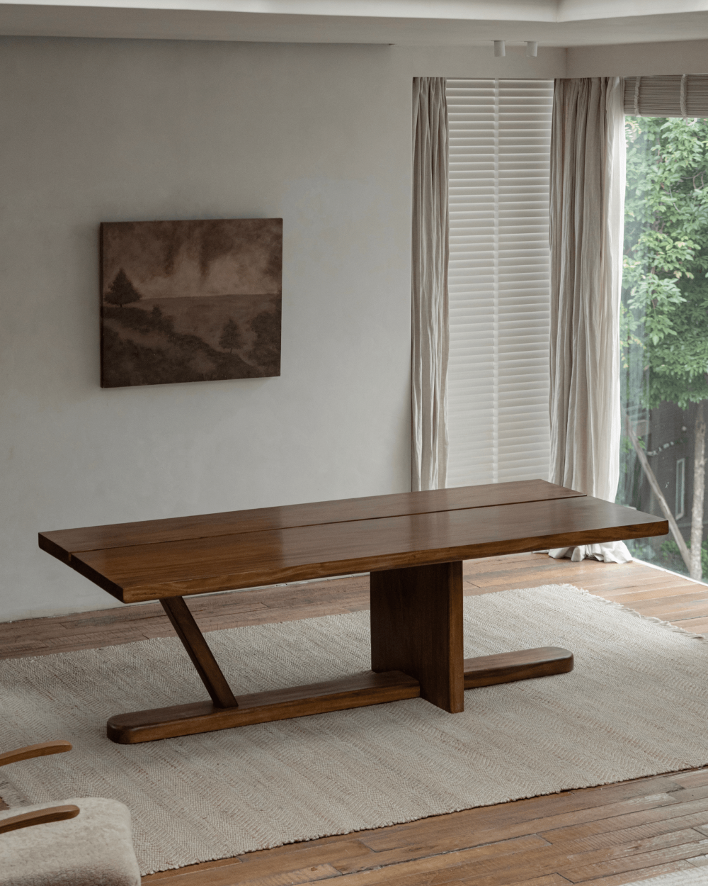 Sailboat desk solid wood surface, elegant design, modern interior, natural light