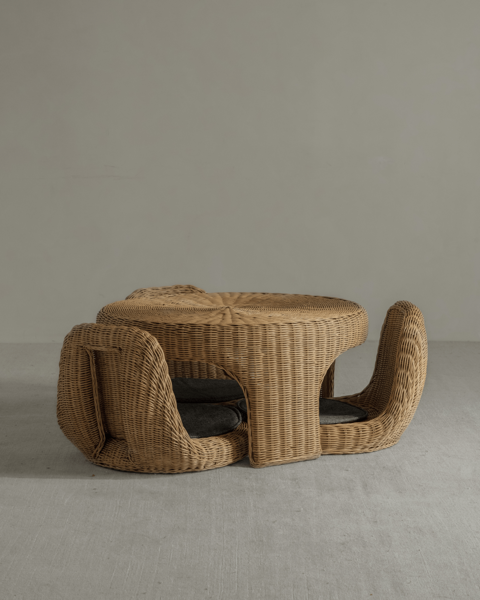 Lotus Tatami Set - Handwoven rattan tea table and chairs with gray cushions
