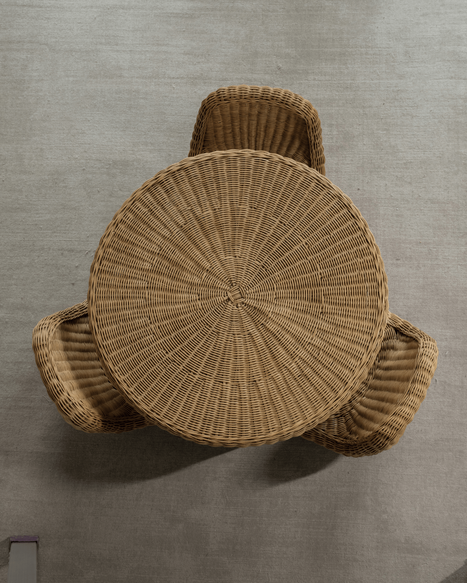 Lotus Tatami Set - Overhead view of rattan tea table and chairs, handwoven craftsmanship