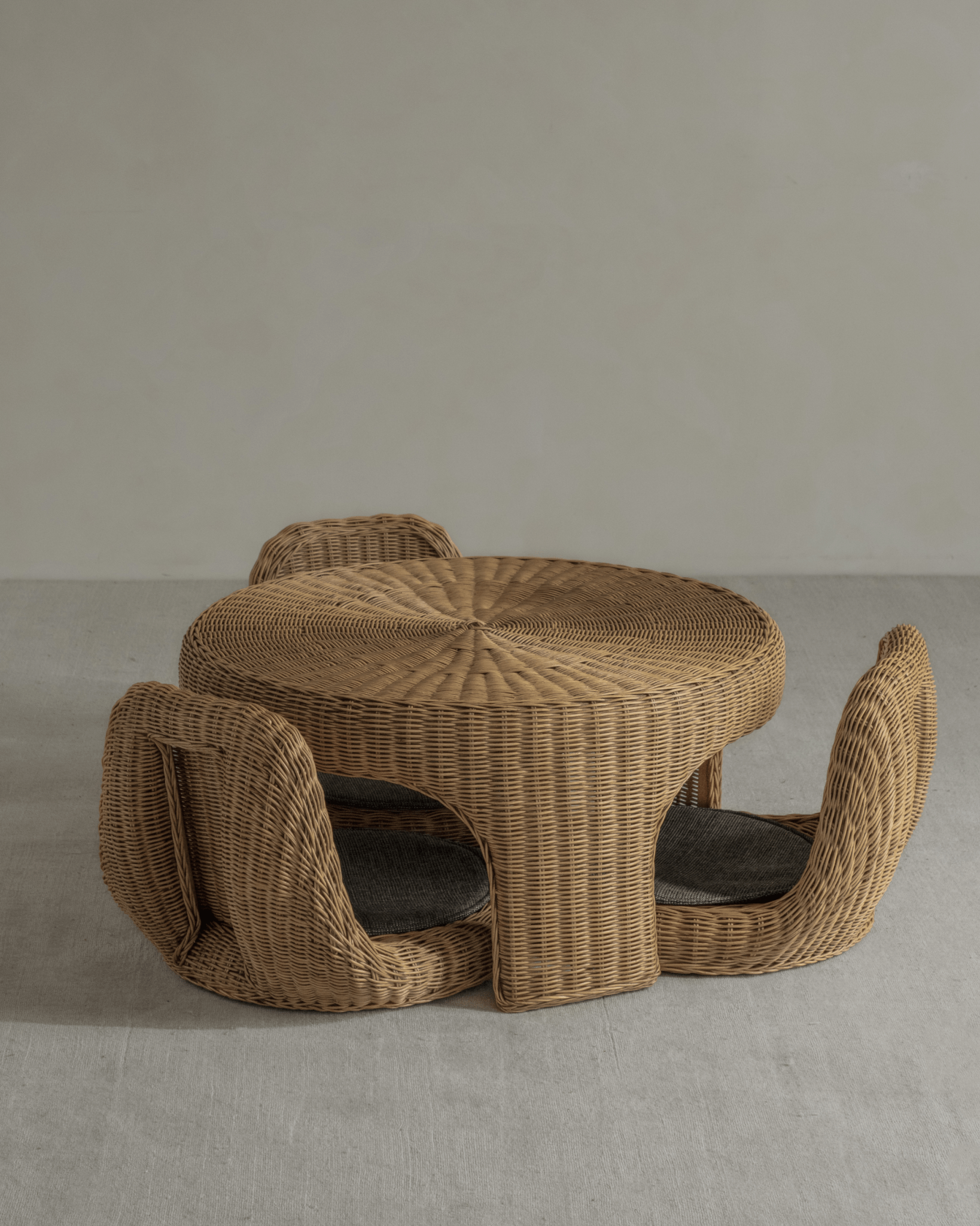 Lotus Tatami Set - Rattan tea table and chairs with gray cushions, handwoven