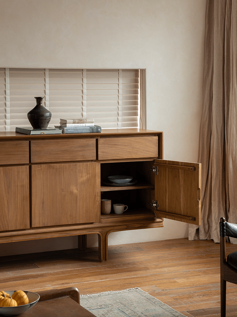 NO.44 Teak Sideboard showcasing open door and interior storage, solid wood buffet with elegant design.