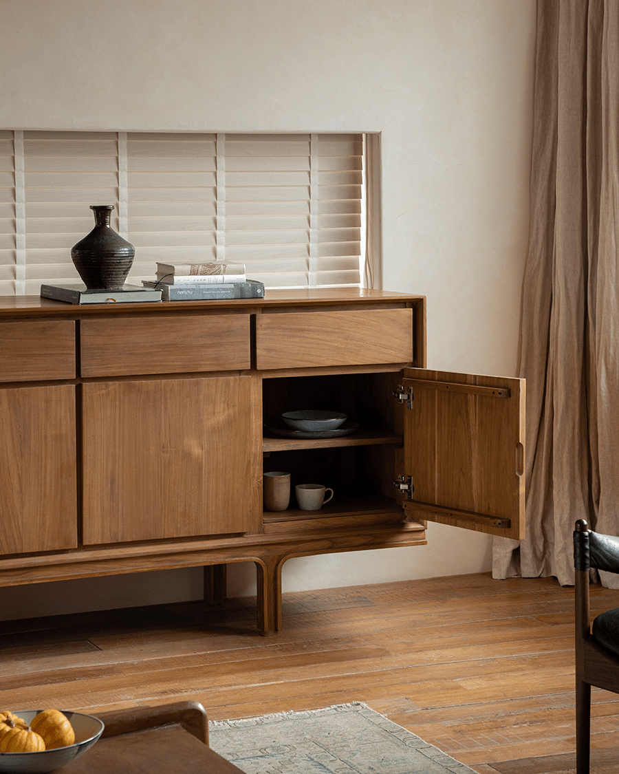 NO.44 Teak Sideboard showcasing open door and interior storage, solid wood buffet with elegant design.