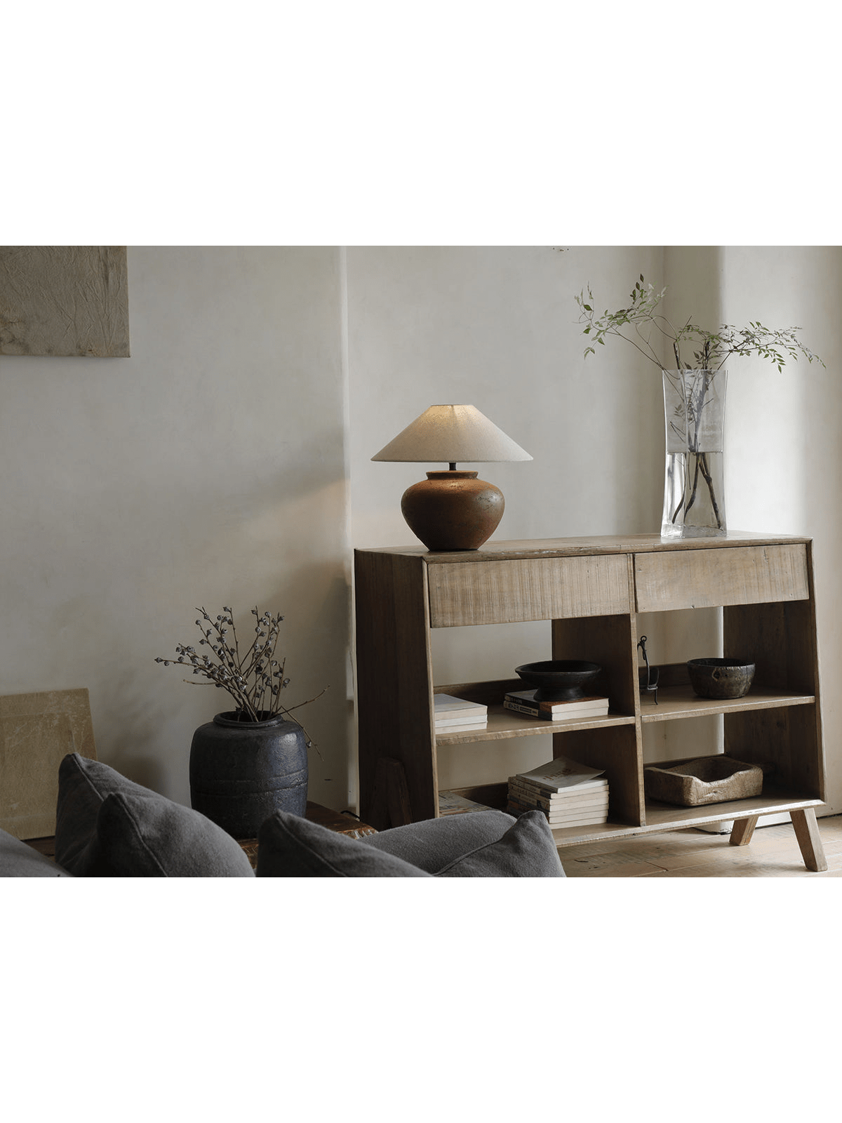 NO.0 Sideboard in natural reclaimed wood with lamp and decor; vintage storage solution