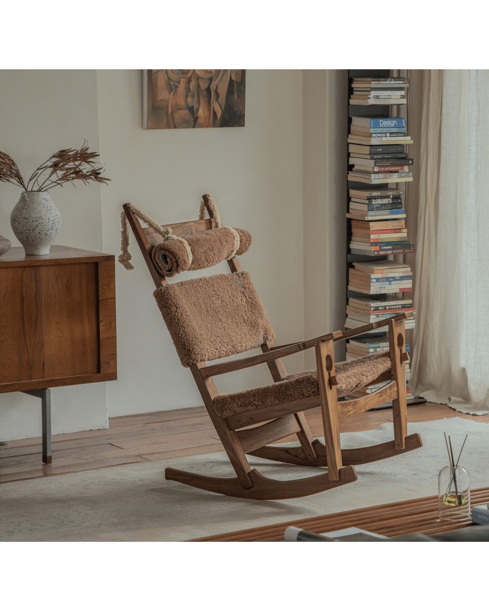 Hans Rocking Chair in Caramel Shearling with Teak Frame, Danish Design, in a cozy interior setting