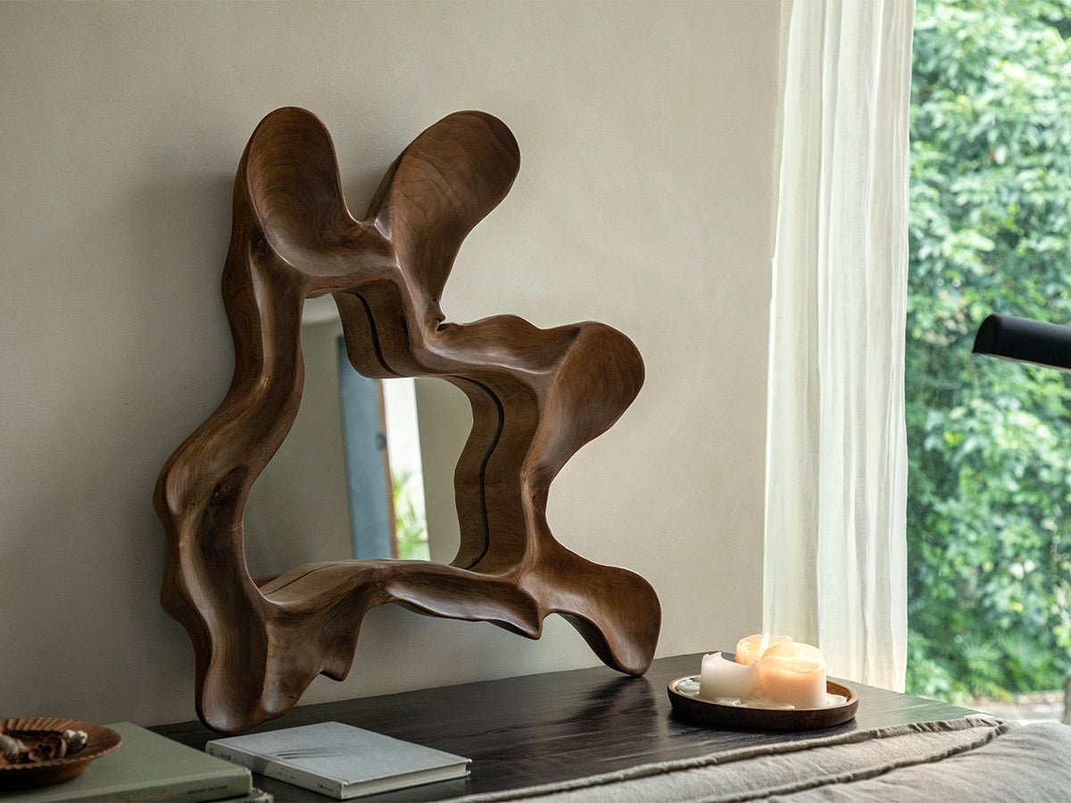 Organic Wood Arbor Mirror in modern interior, handcrafted with a unique shape, perfect for wall decor.