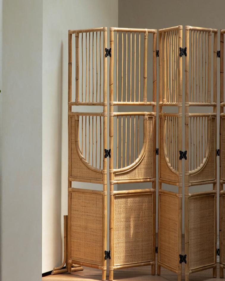 Sunlit Rattan Screen featuring woven Indonesian rattan panels and bamboo frame.