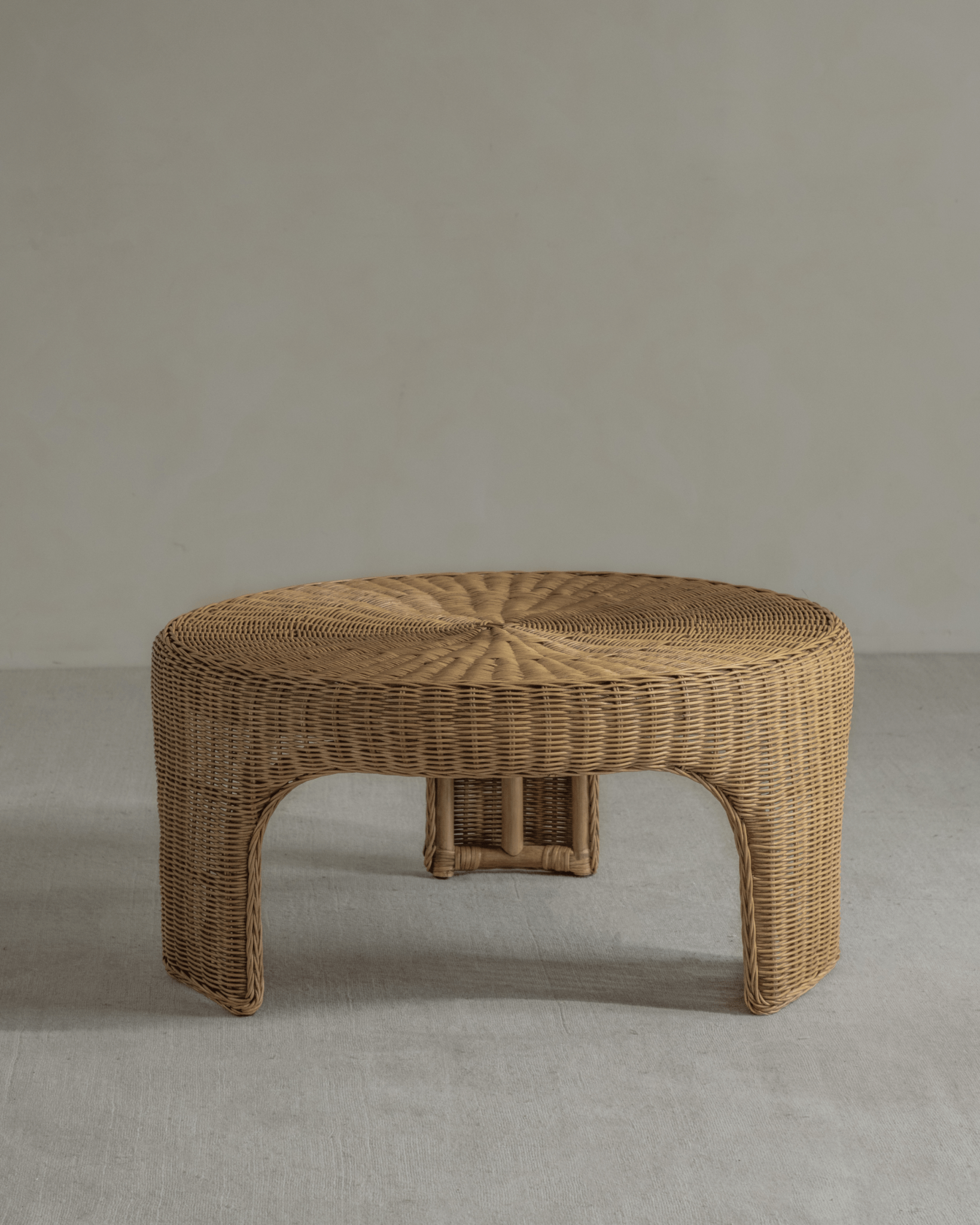Lotus Tatami Set: Rattan tea table with round design, handwoven craftsmanship, perfect for zen tea room or living space.