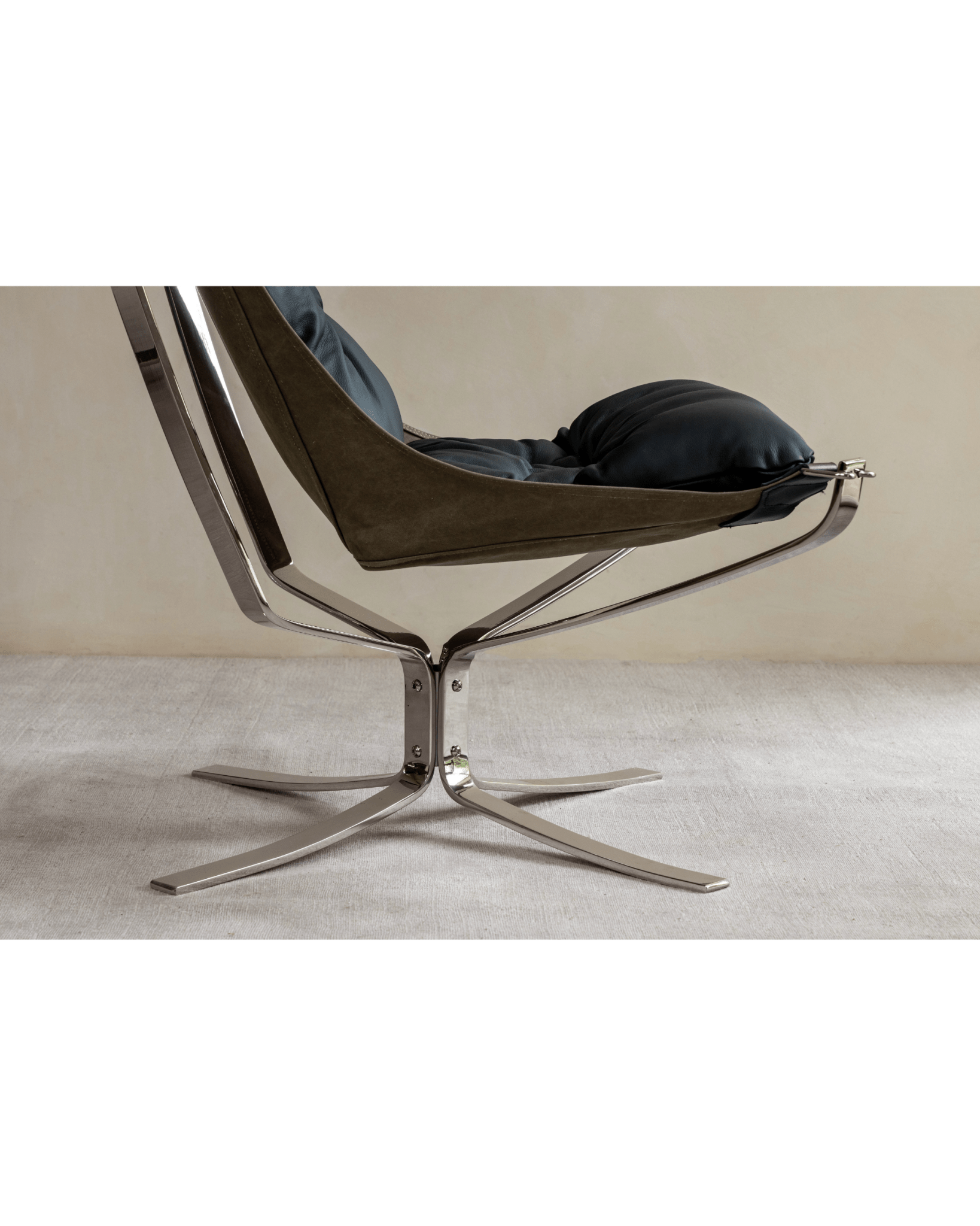 Falcon Chair, olive green canvas and black leather cushion, stainless steel frame, Scandinavian design