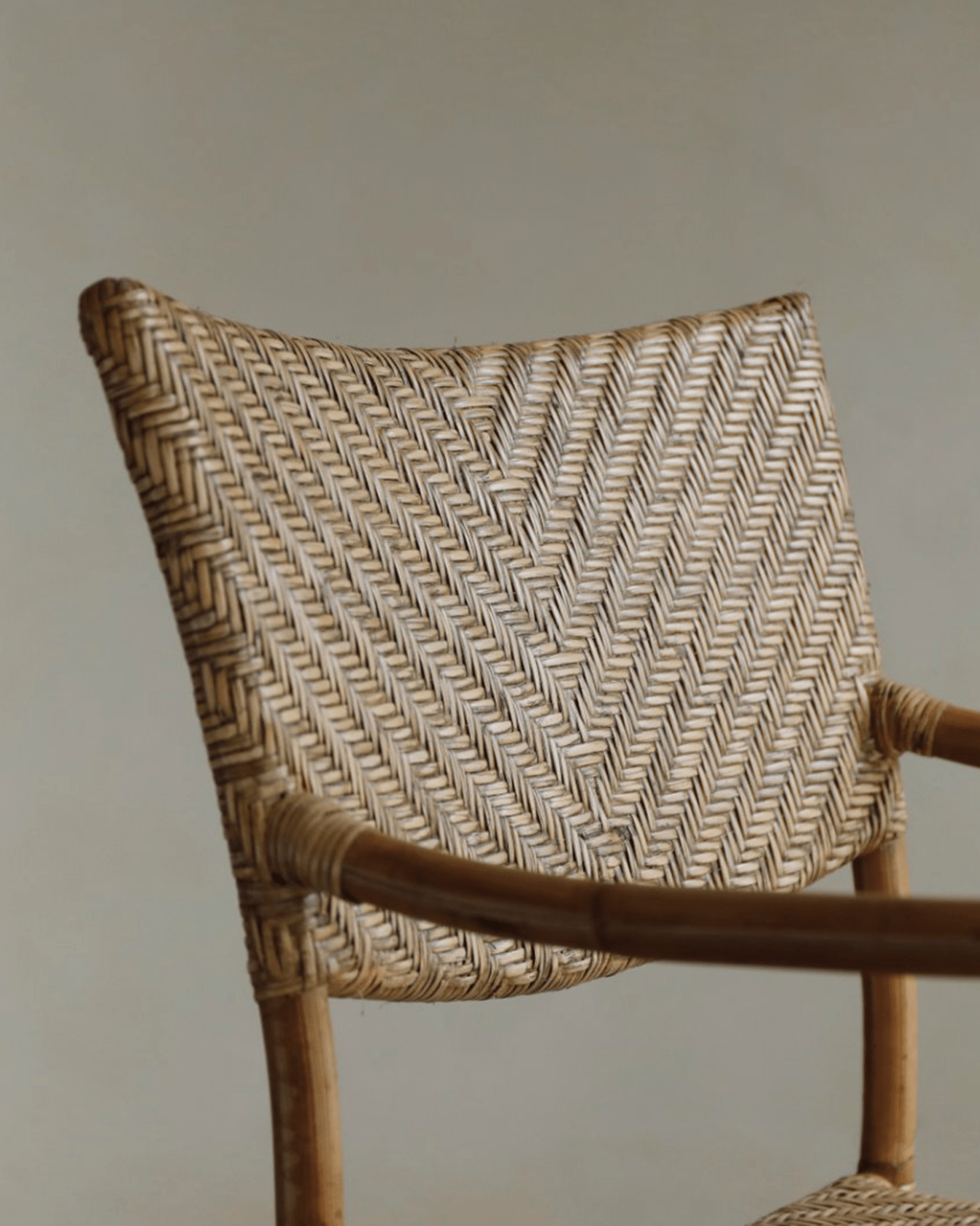 Dingee Chair detail: woven back and armrest, natural wood frame