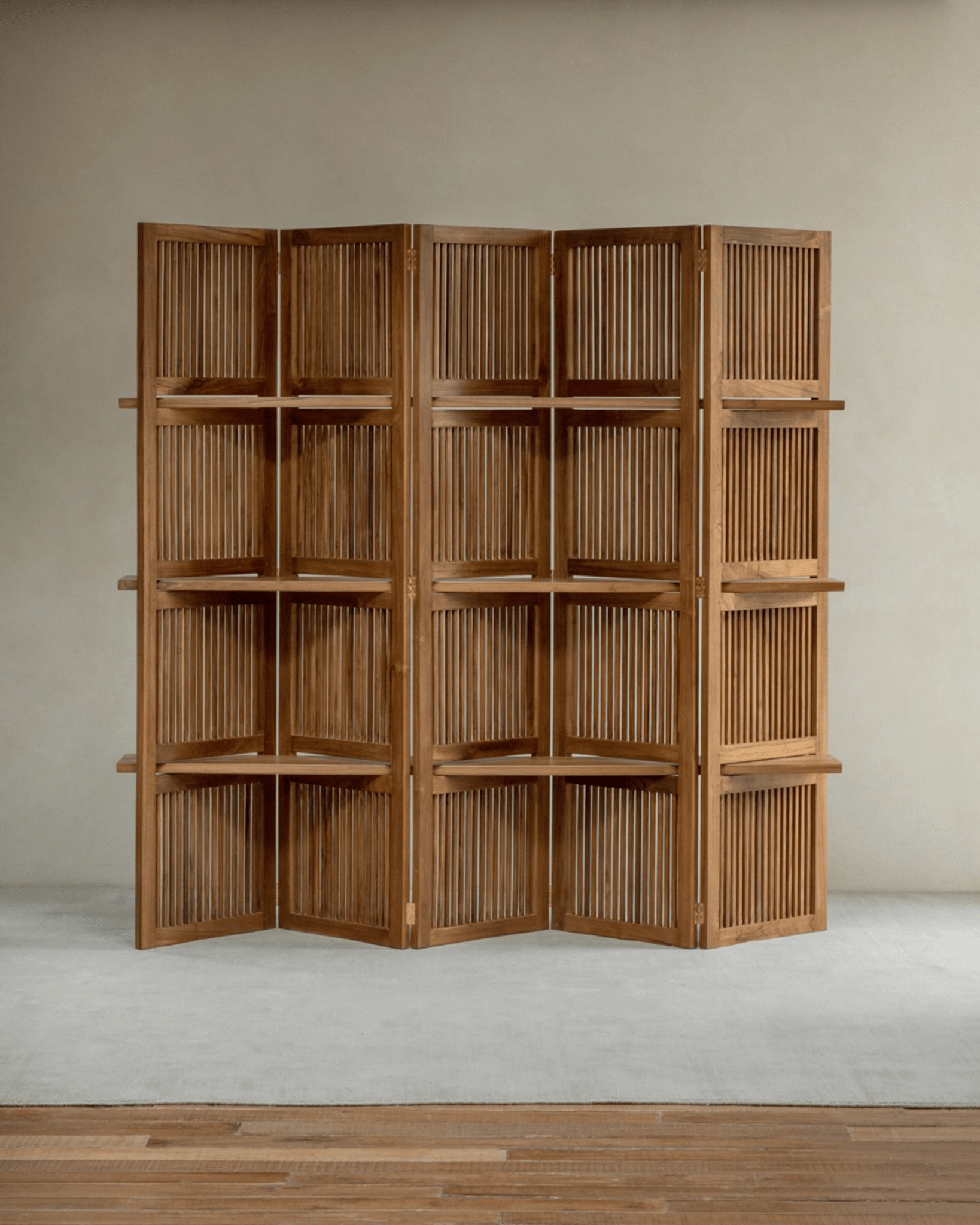 Sylvan Wooden Screen in teak wood, foldable partition with shelves for stylish home decor, grid design with natural elegance