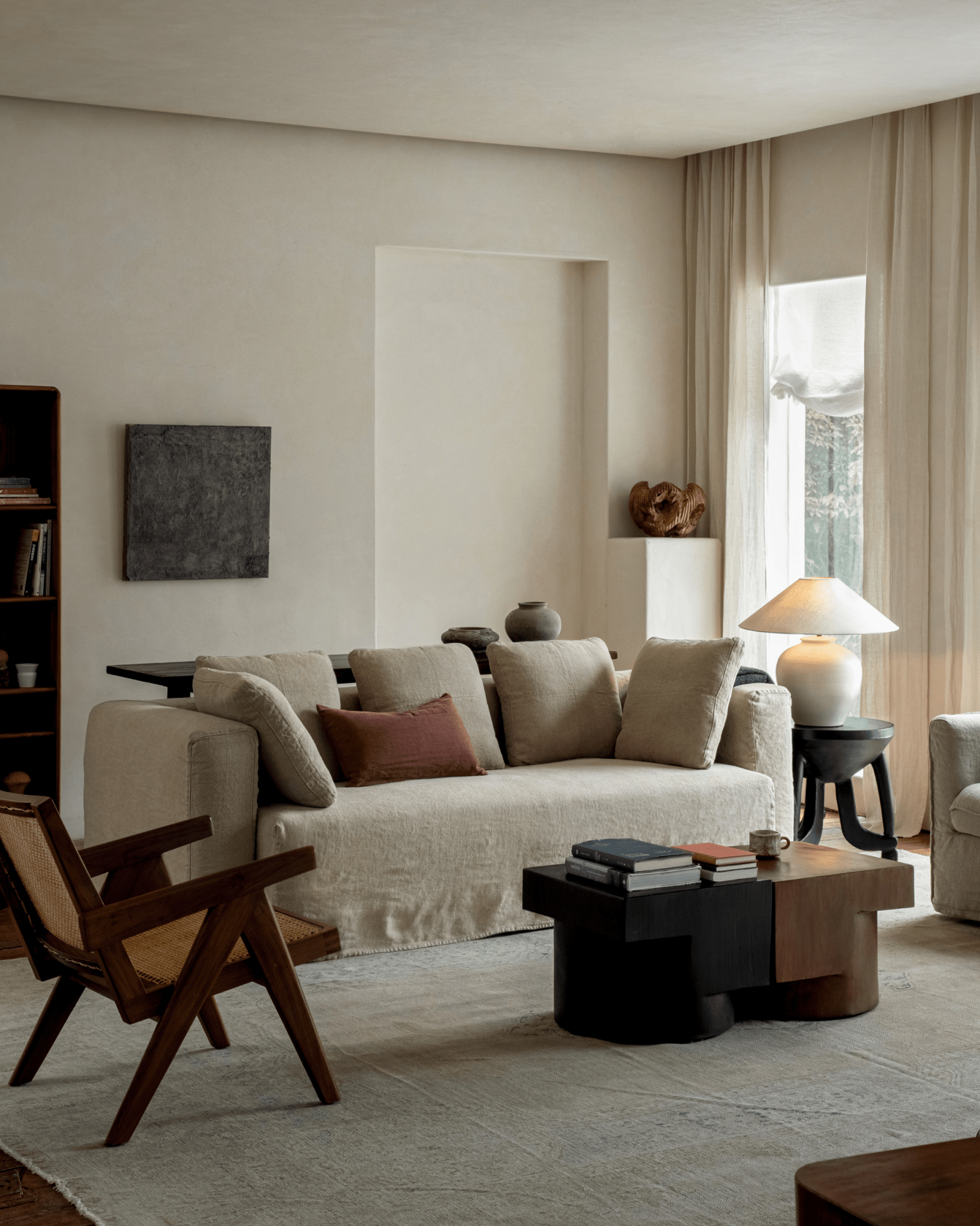 Nola Sofa in natural linen with down-filled cushions, perfect for a comfortable, stylish living space.