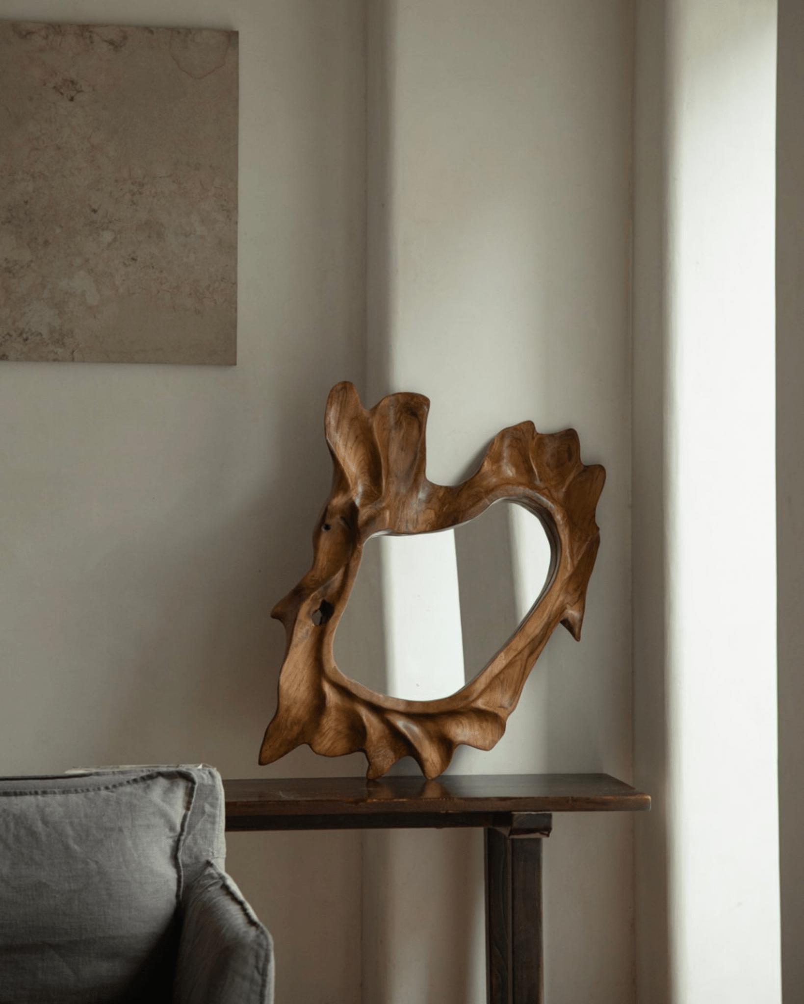 Organic wood Arbor Mirror with unique, natural shape, modern wall decor