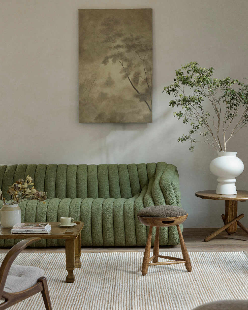 Miche Sofa in green, cozy living room with vertical ribbed design, perfect for comfortable living