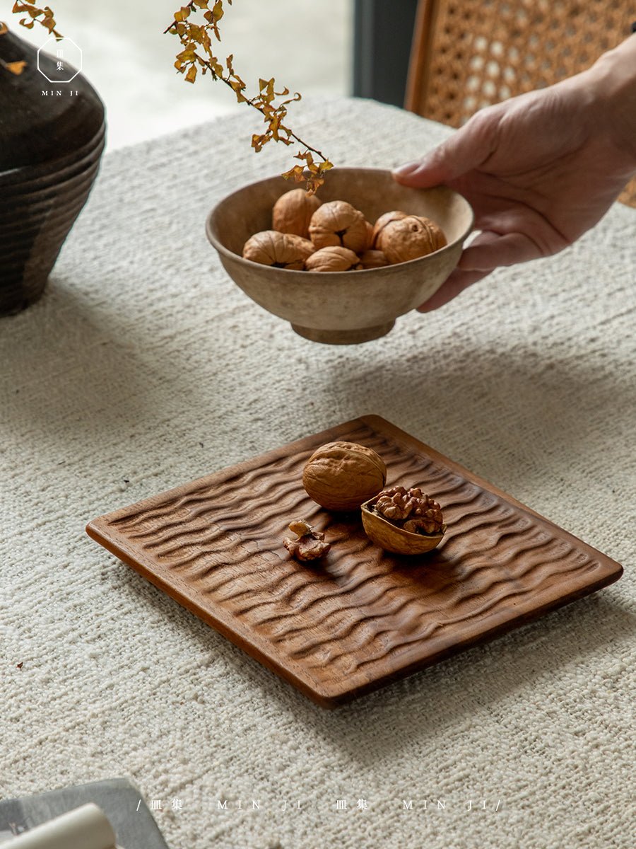 Handcrafted teak wood tray with wave design, MIN JI brand, perfect for food display