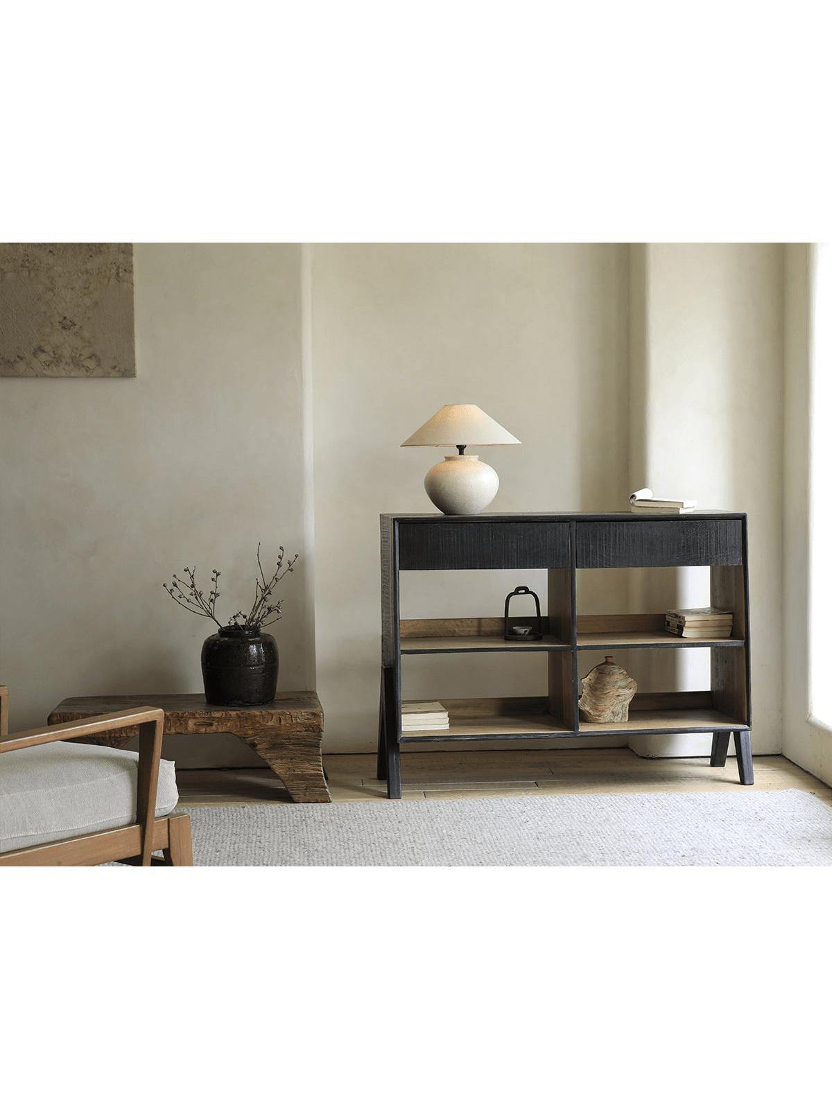 NO.0 Sideboard in black with natural wood shelves; vintage style storage with lamp and decor, reclaimed wood sideboard