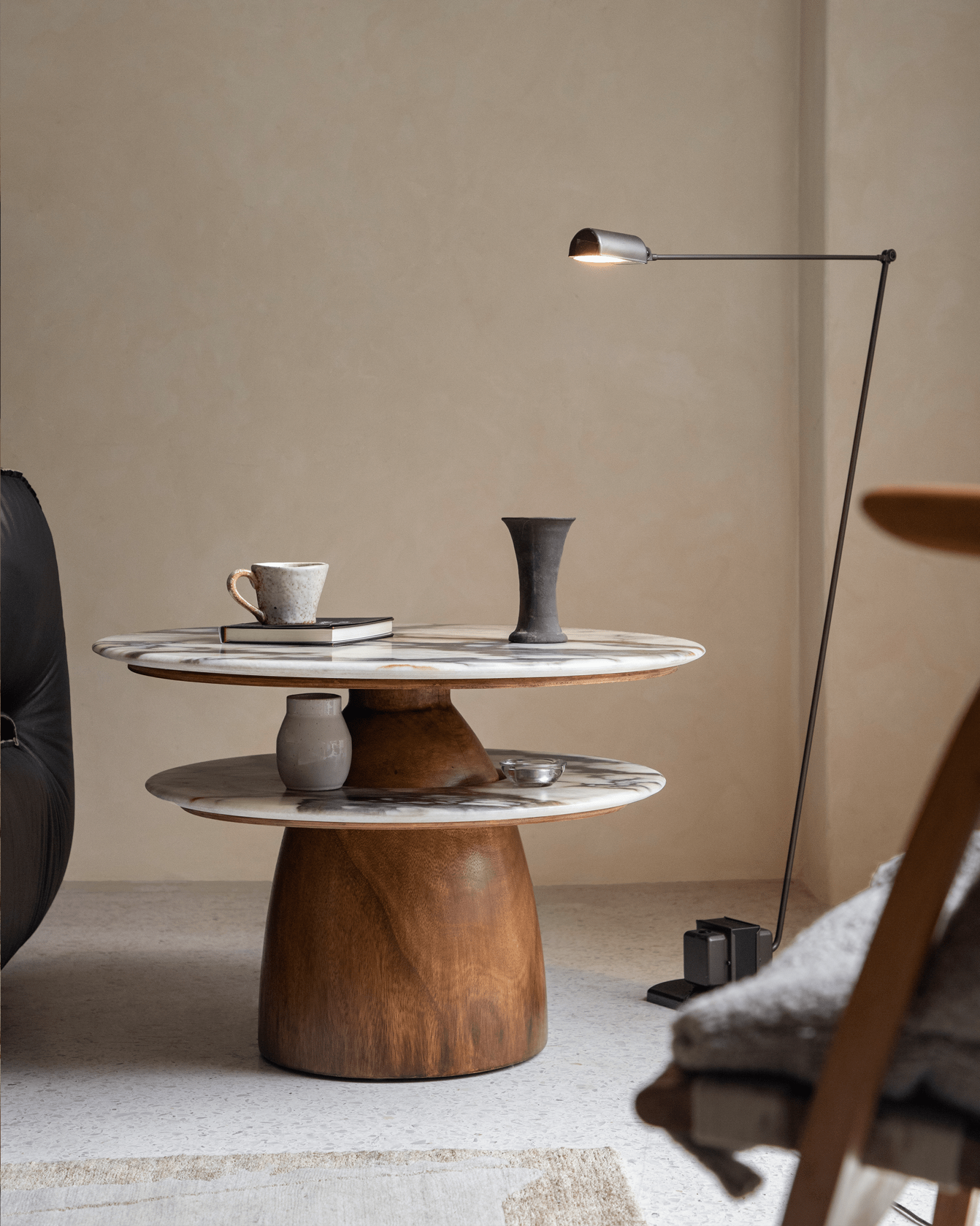 Dorothy Side Table with crystal stone top and rain wood base, elegant design, round table for living room