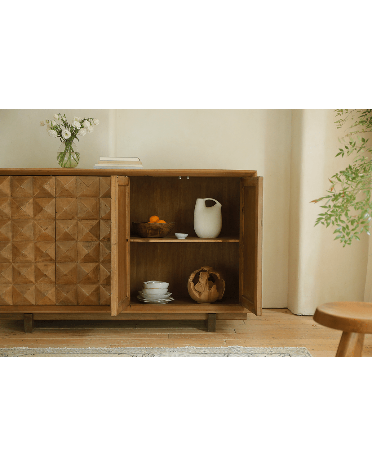 Bumpy Sideboard in reclaimed wood with geometric front, interior decor with accessories, modern living room furniture