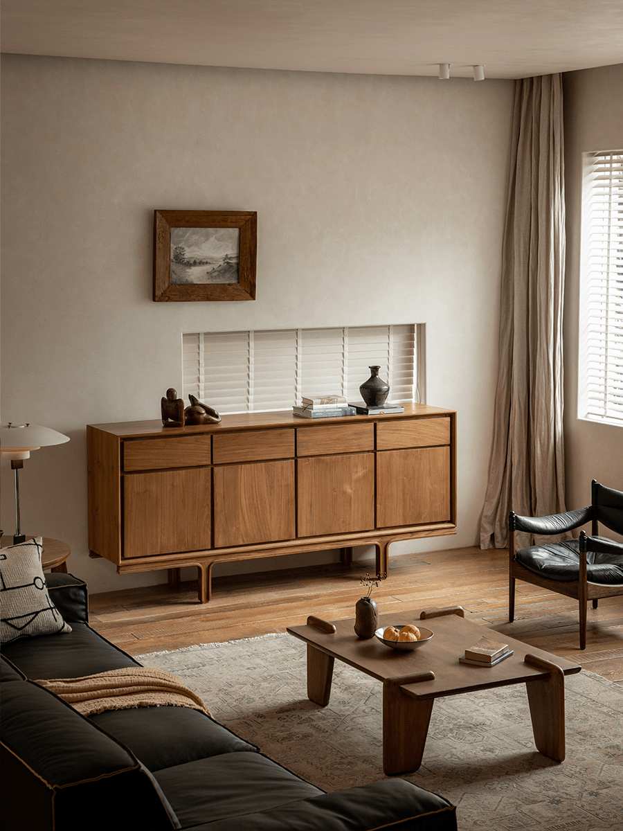 NO.44 Teak Sideboard in living room, solid teak wood buffet with ample storage, elegant design for modern interiors